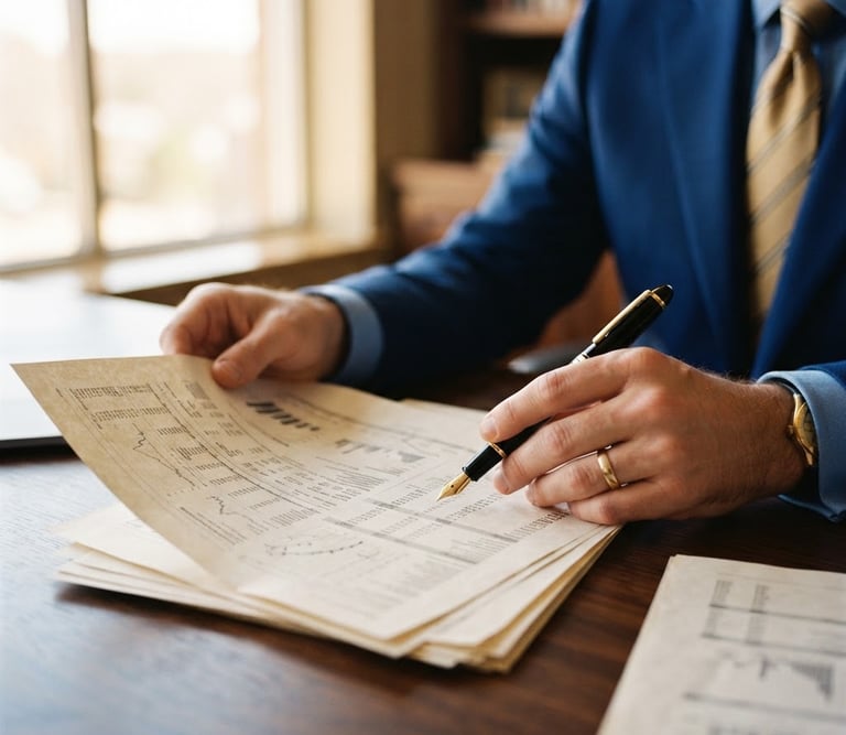 Medium-close shot of hands in a tailored suit reviewing high-end textured financial documents on a dark oak desk, warm natural window light, gold fountain pen visible, shallow depth of field, 35mm photography.