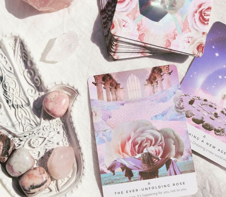 Tarot accessories featuring stack of tarot cards and crystals on a table.