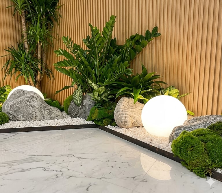 Indoor zen garden with glowing sphere light and decorative rocks – Yie Yang Landscape