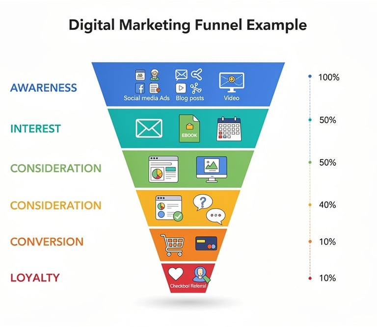 Digital marketing funnel example explained in 2nd diagram