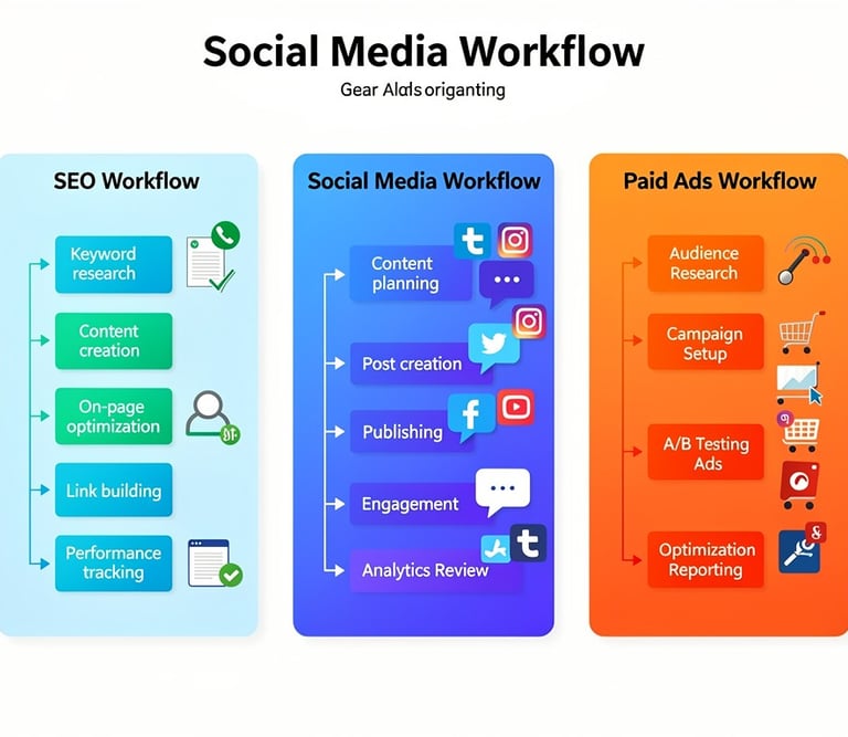SEO, social media, and paid ads workflow diagram