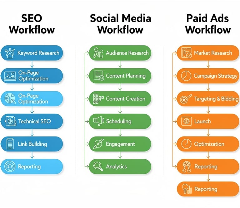 SEO, social media, and paid ads workflow explained in another diagram