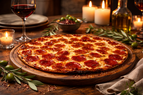 pizza de peperoni servida en una mesa elegante