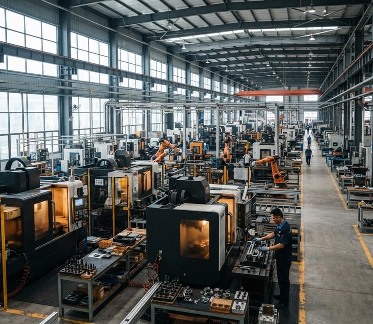 Cool crisp industrial daylight, wide environmental shot of a modern manufacturing plant in Foshan, high-contrast precision machinery, 35mm lens