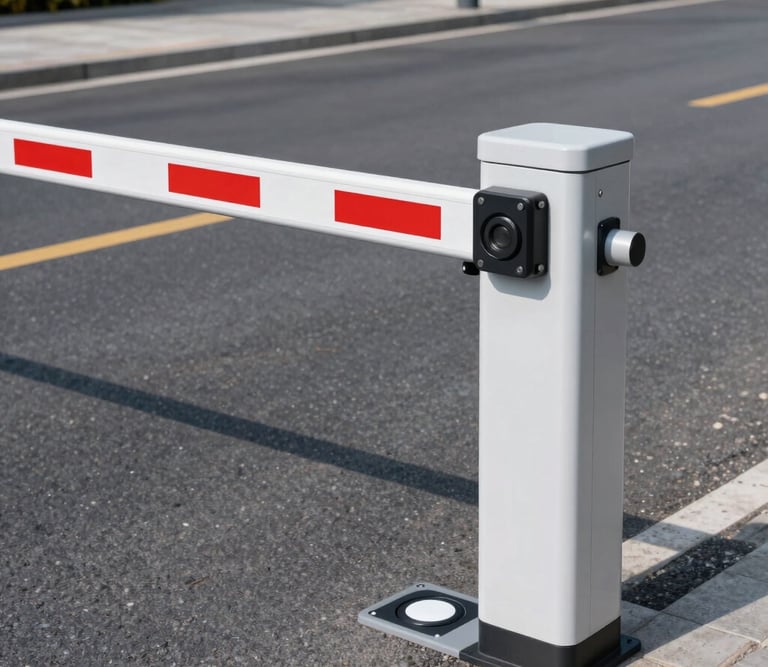 Ground level shot of a freshly installed automatic barrier gate with a clean asphalt cut for inductive loop sensor, bright daylight, technical precision