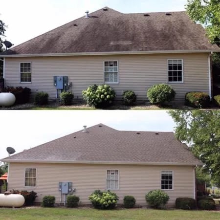 Plant-safe roof soft wash treatment for a residential home in Connerton Land O' Lakes