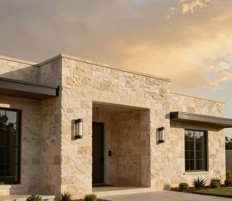 Sun-drenched West Texas architectural details, clean lines of a modern limestone home exterior under expansive warm sky.