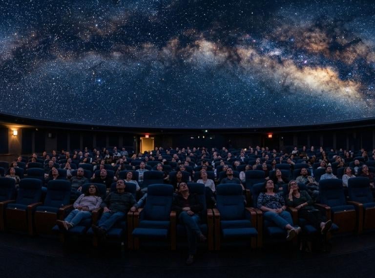 Audience watching a fulldome show under a projected starry sky in a planetarium dome.