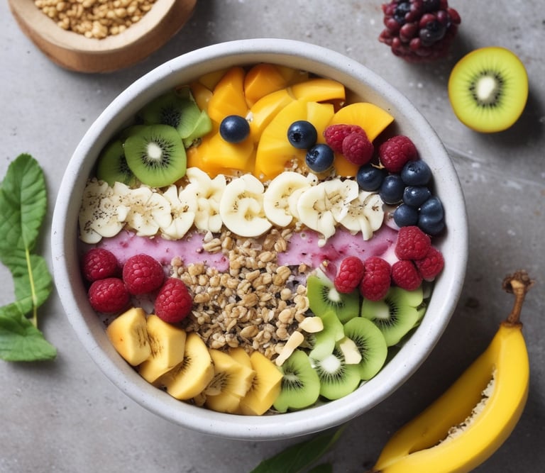 Bright, natural photo of a fresh, colorful dish on a rustic wooden table.