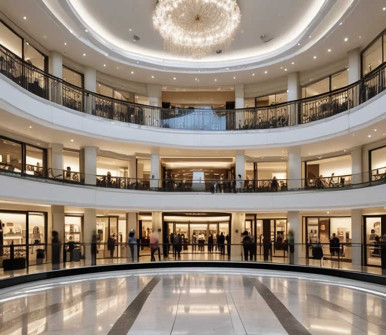 Elegant boutique interior with soft lighting and luxurious displays.