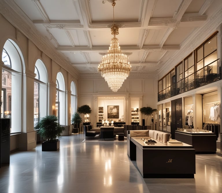 Elegant boutique interior with soft lighting and luxurious displays.