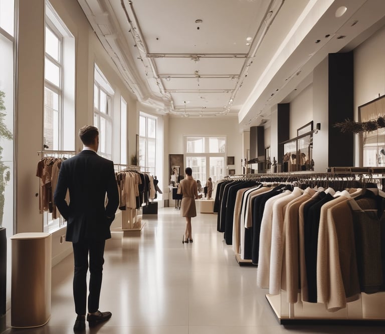 Elegant boutique interior with soft lighting and luxurious displays.