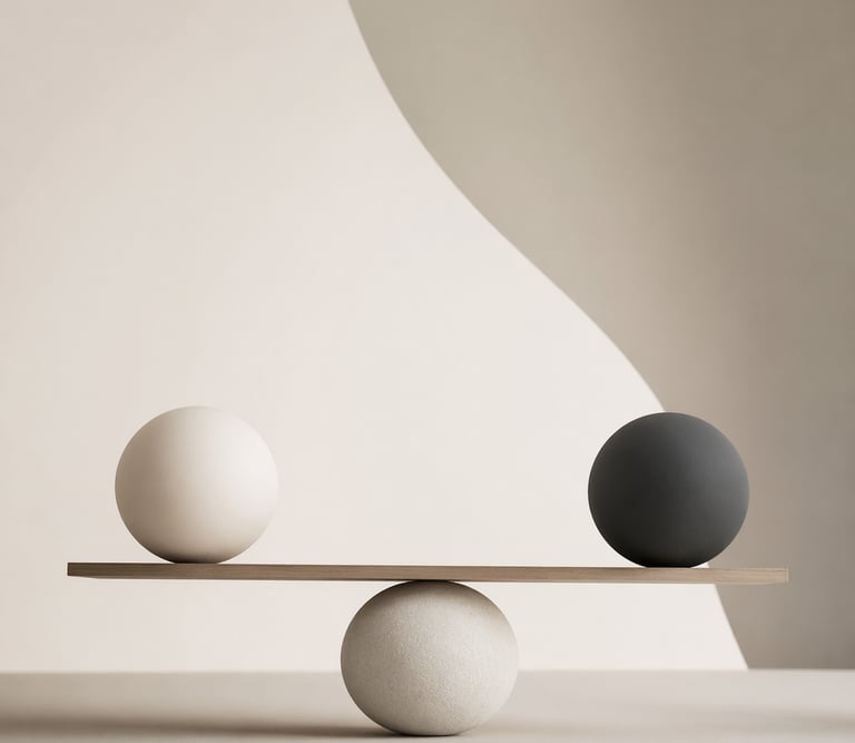 Minimalistinė abstrakti kompozicija su balansuojančiomis formomis, simbolizuojanti nervų sistemos pu