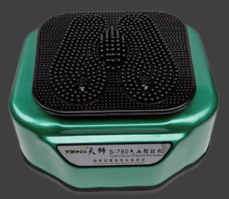 a green and black foot massager with a black and white foot pad