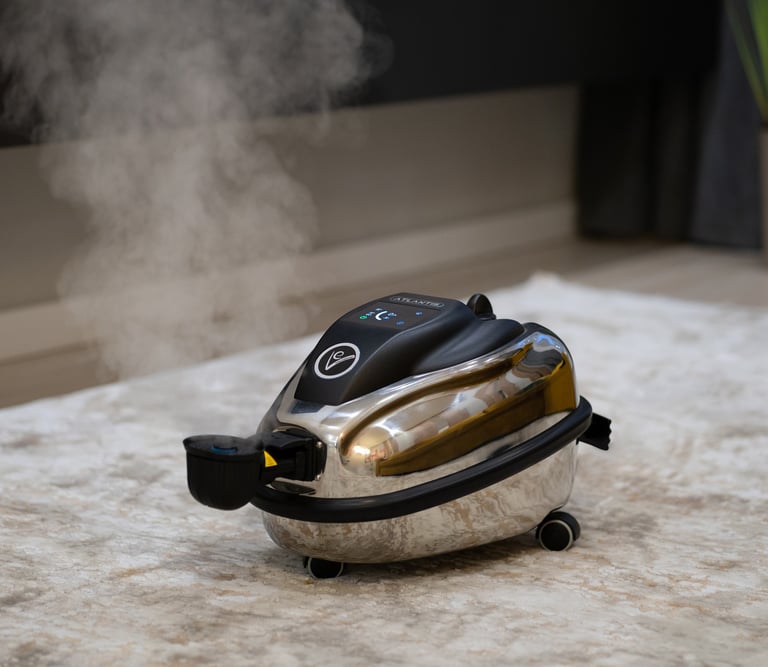 Potężna domowa myjka parowa EV Atlantis o ciśnieniu 7 barów do głębokiego czyszczenia bez detergentów.