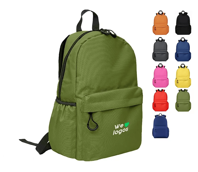 Custom olive green lightweight backpack with front pocket, available in multiple vibrant colors for school or travel.