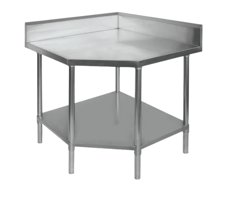 Space-saving corner prep table made from heavy duty stainless steel with a rear splashback and solid under shelf.