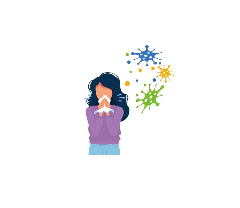 Immune health and allergies such as colds, flu, hayfever, rashes, itchy eyes, runny nose, coughing.