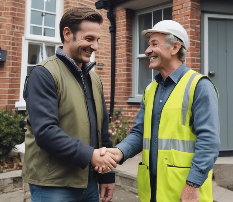 A friendly builder shaking hands with a happy homeowner outside a renovated London home.