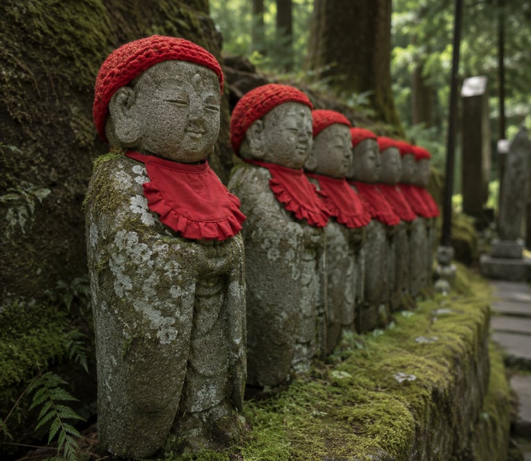 Six stone Jizo statues wearing red crocheted hats and bibs along a mossy path in a Japanese forest.