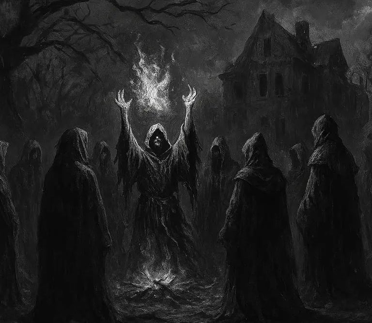 Black and white illustration of witches in a ritual circle before a haunted gothic house under storm clouds and storm.