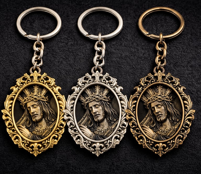 llaveros personalizados para hermandad en acabado oro , plata, bronce