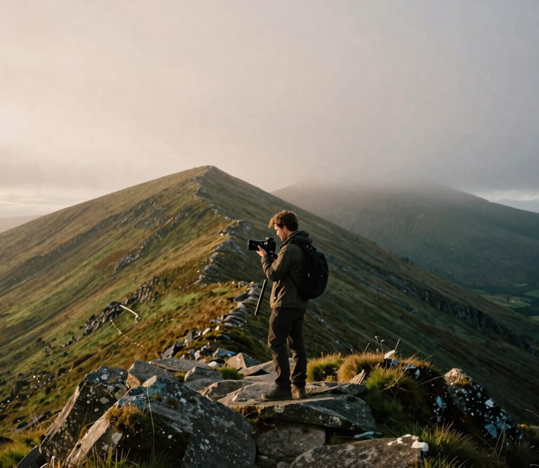 Wide cinematic landscape of a creator holding a professional camera on a dramatic misty mountain ridge in Ireland, soft natural golden-hour daylight, muted earth tones with deep green accents, 35mm film grain.