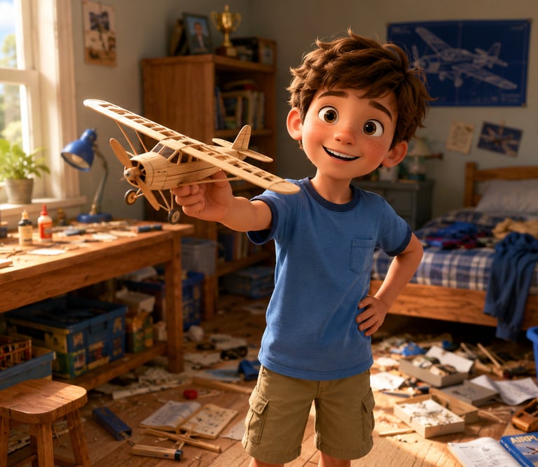 A smiling young boy holding a handmade wooden model airplane in a messy bedroom filled with aviation posters.