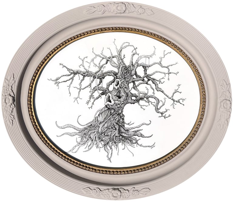 Illustration à l'encre de chine, arbre marronier, cadre début XXe siècle rénové