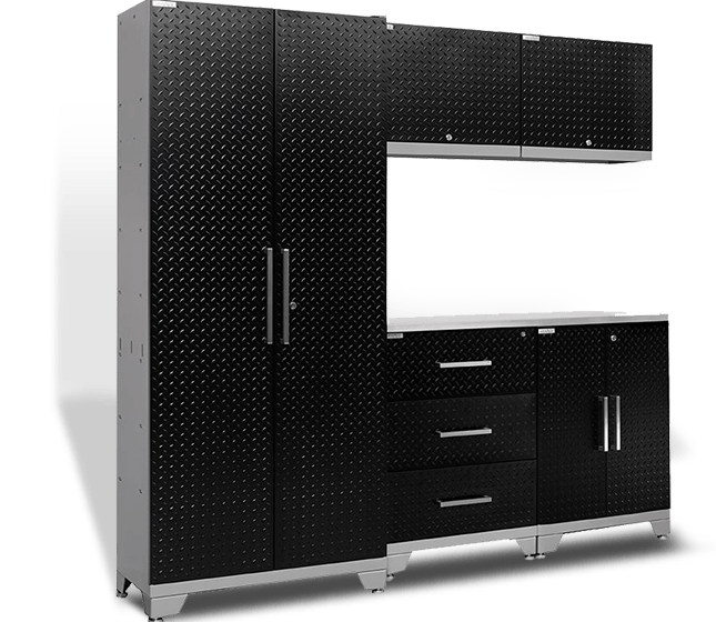 Custom steel garage storage cabinets installed beside epoxy floor