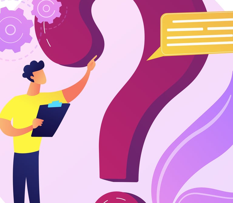 a man standing in front of a question mark