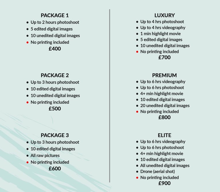 Fred Art Studio pricing chart for pre-wedding, event, and family photoshoot and videography packages