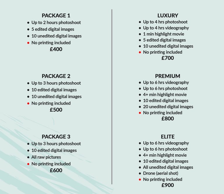 Fred Art Studio pricing chart for pre-wedding, event, and family photoshoot and videography packages