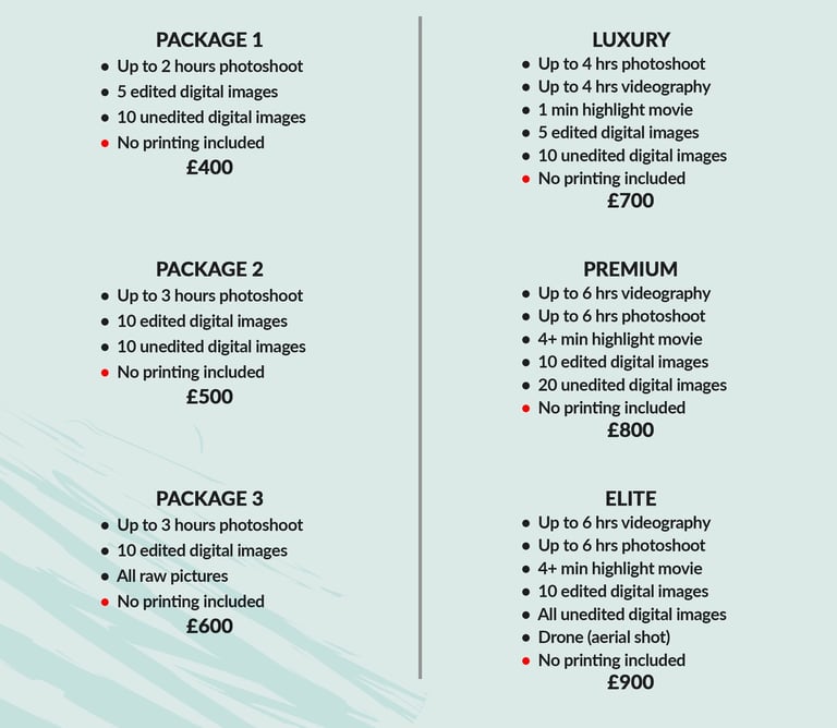Fred Art Studio pricing chart for fashion, event, and family photo and video packages.