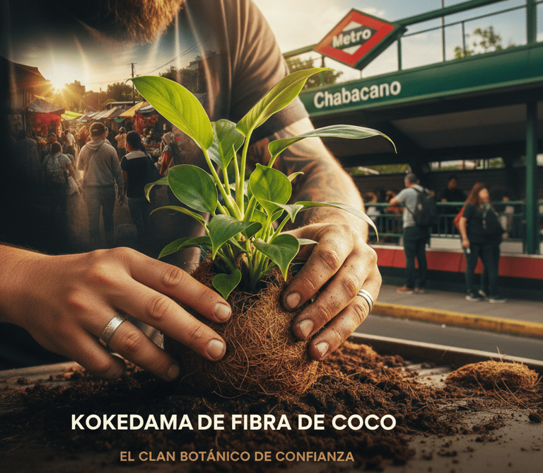 Manos plantando una exuberante planta verde en una bola de kokedama de fibra de coco en la calle.