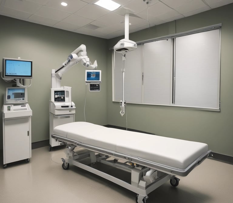 A professional appraiser carefully inspecting advanced medical equipment in a bright hospital setting.