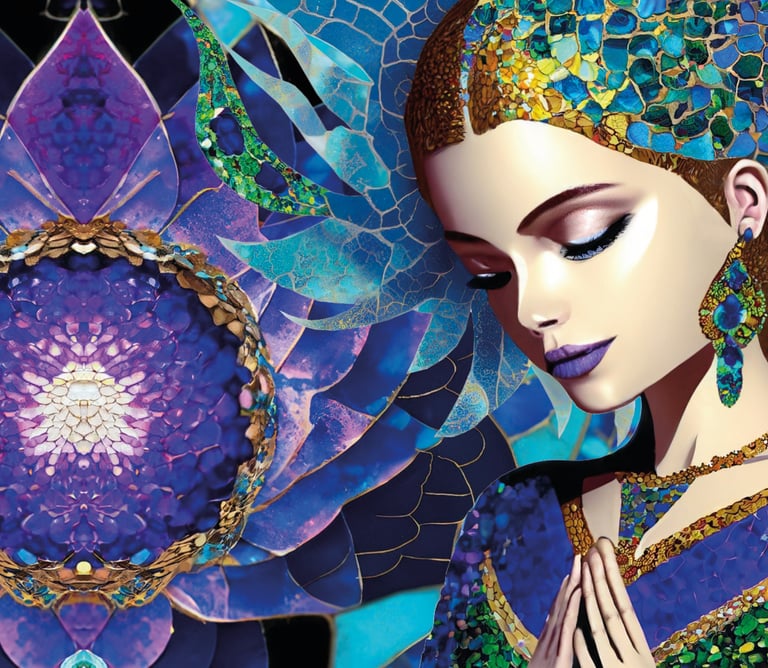 Lady praying, mosaic, blues, purples, golds and greens.