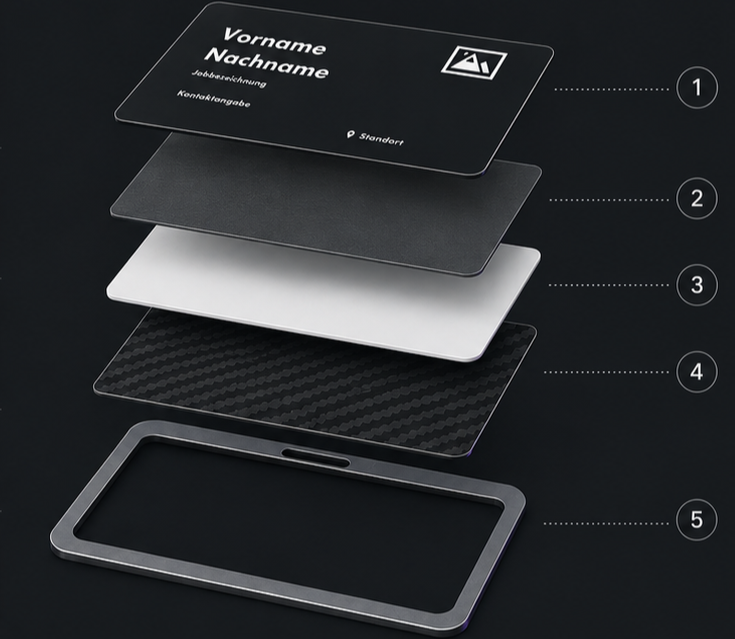 Exploded view showing the five layers of a premium metal business card design.
