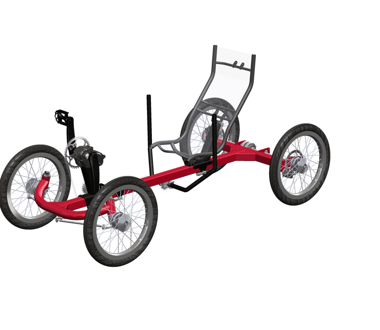 CAD rendering of Wheelly prototype – four-wheeled, electric-assisted quadcycle with red frame