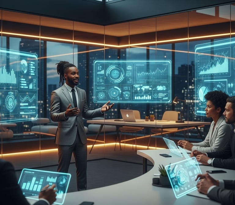 Entrepreneur working with tech consultant to modernize business systems using AI and immersive media