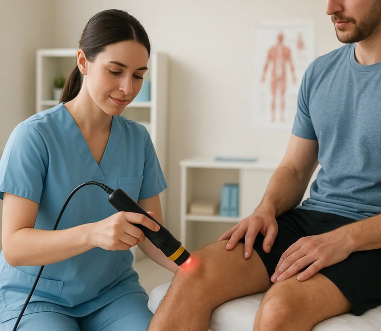 Una fisioterapista esegue una laserterapia sul ginocchio di un paziente!