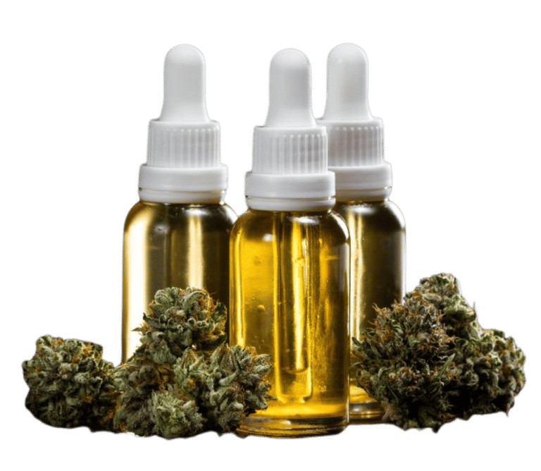 Three glass dropper bottles of golden CBD oil with dried cannabis flower buds against a black background.