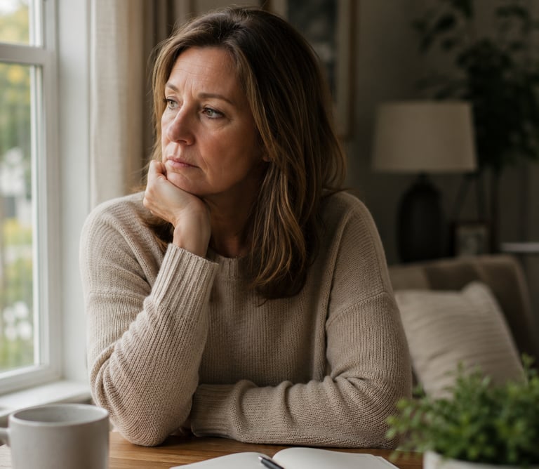 Adult daughter sitting quietly after a difficult family discussion about an aging parent.