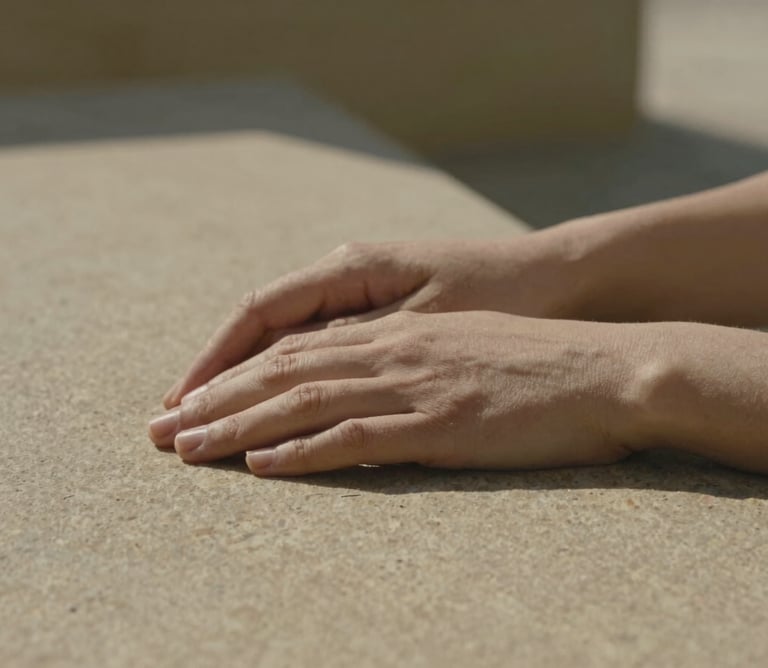 Close-up of gentle hands resting on a warm-toned textured stone surface, soft architectural shadows, muted olive and stone tones, shallow depth of field, 35mm photography
