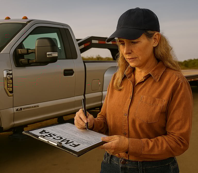 Hotshot truck with gooseneck trailer preparing FMCSA compliance paperwork