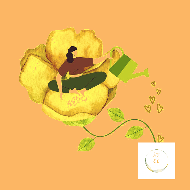 illustration, dessin  une femme assise en lotus sur un lotus en hauteur arrosant un pot de fleur, douceur, amour