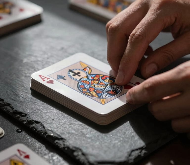 Extreme close-up of hands organizing physical cards on a dark slate table, sharp directional light, deep shadows, high-contrast, moody atmosphere.