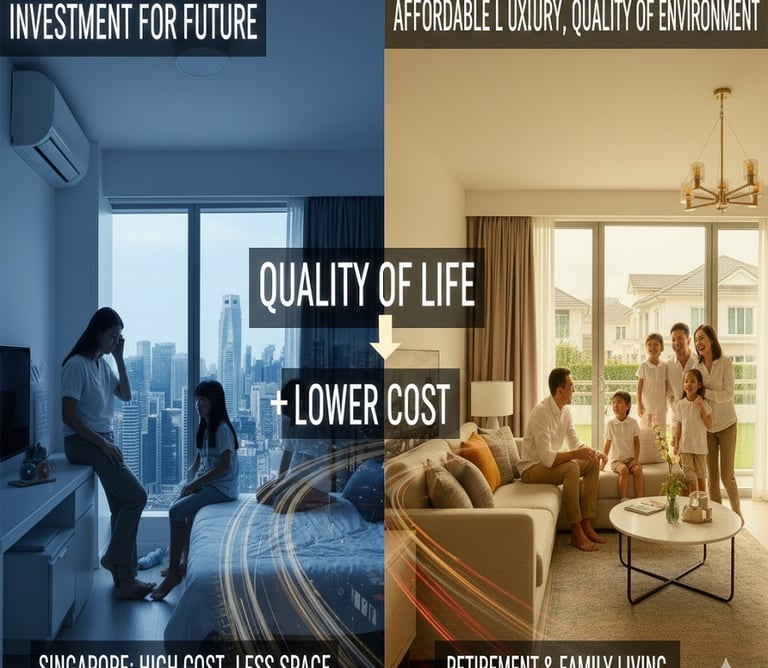Comparison of high-cost, small Singapore apartment vs. spacious, lower-cost Johor home for family