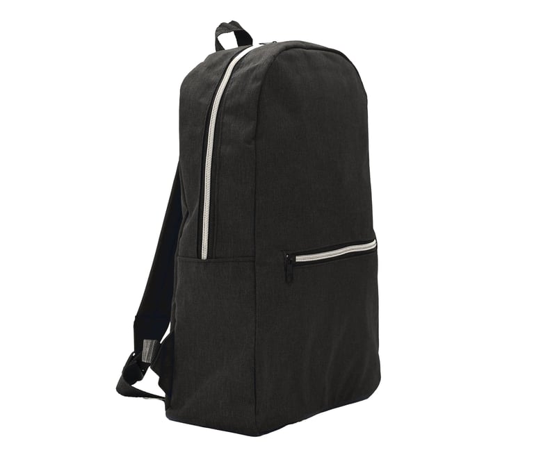 Durable black canvas backpack with silver zippers and a front pocket, ideal for school or travel.