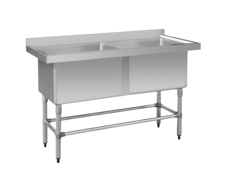 Industrial double bowl pot sink made from heavy duty stainless steel with extra-deep basins and a rear splashback.